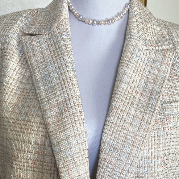 X Calvin Klein Tweed Blazer, Size 6, Petite, Light Cream Silver Peach Light Blue - Picture 9 of 11